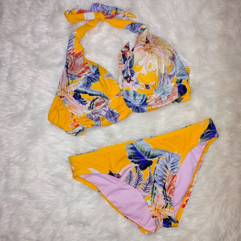 Yellow mustard floral tropical bikini botanical bikini small halter top 2 Piece
